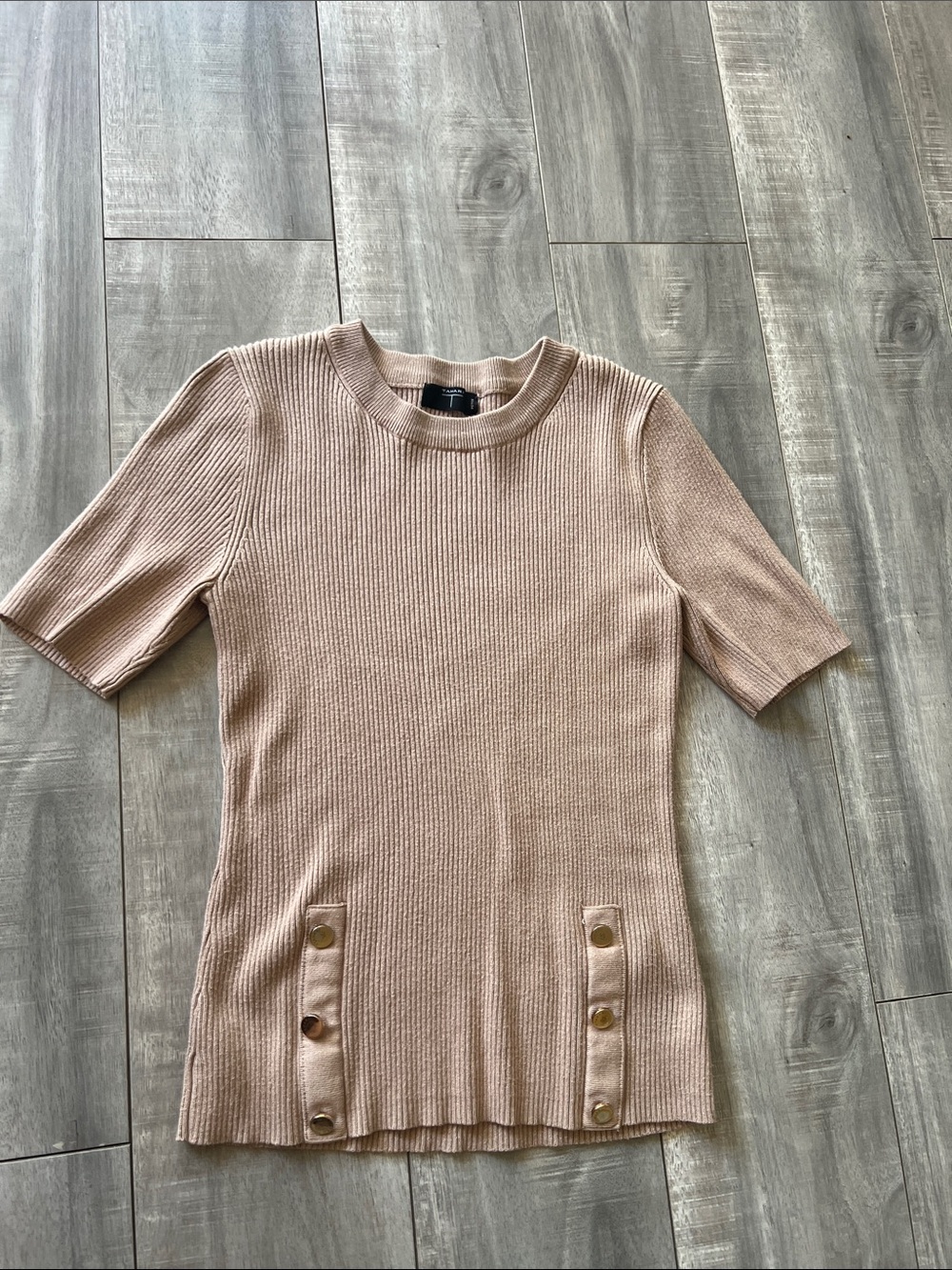 Tahari Blush Short-Sleeve Ribbed Knit Top with Button Trim